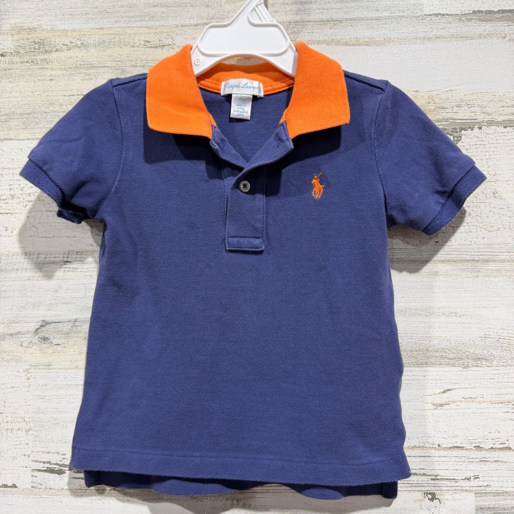 Ralph Lauren Polo Shirt Boys 18M Blue Orange Contrast Collar Preppy *Flawed